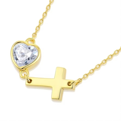 YASVITTI Bezel Heart Cubic Zirconia Necklace 925 Ασημένιο Κλασικό Σταυρό Απλό Necklace 18K Χρυσό επιχρυσωμένο