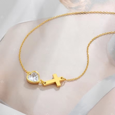YASVITTI Bezel Heart Cubic Zirconia Necklace 925 Ασημένιο Κλασικό Σταυρό Απλό Necklace 18K Χρυσό επιχρυσωμένο
